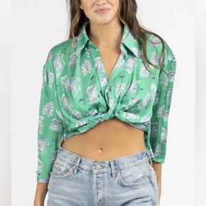 ZARA Women’s Sz M GREEN PATTERNED FRONT TWIST CROP WITH CUTE PATELS PRINT
